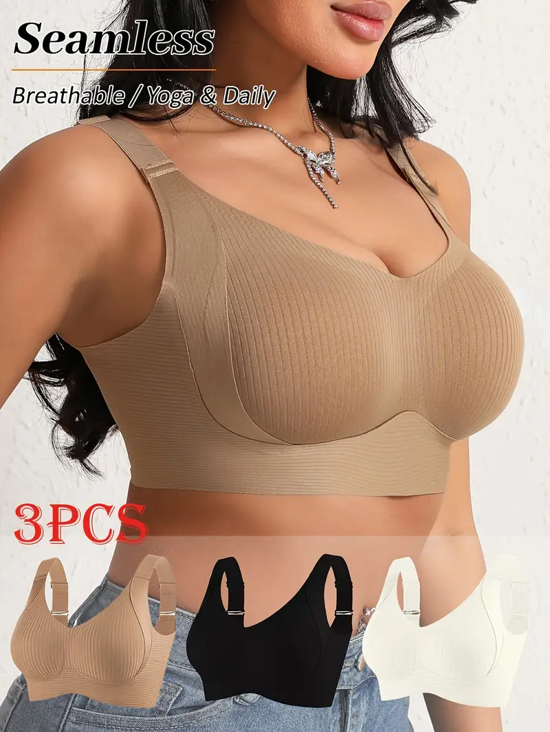 3pcs womens bras wire free seamless t shirt bras with back closure lift support non everyday special occasion bras in beige black white smooth everyday bras for bra extender able undergarment backless dress compatible adjustable straps wirefree design Product details 0