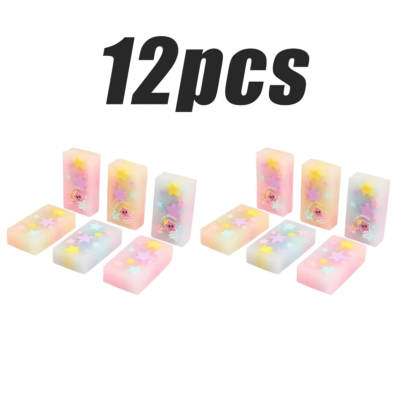 TEMU 12pcs Random Pastel Starry Sky Erasers Novelty Pattern Miniature Colorful Rubber Blocks For Office Desktop Decoration Journaling Crafting