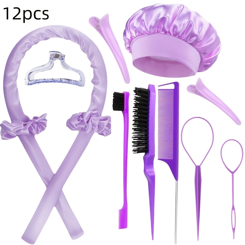 TEMU 12pcs Styling Tool Set, Women's Heatless Curling Rod, Hair Ties, And Satin Sleep Cap Set, Overnight No-heat Satin Curling Set For Long Hair,