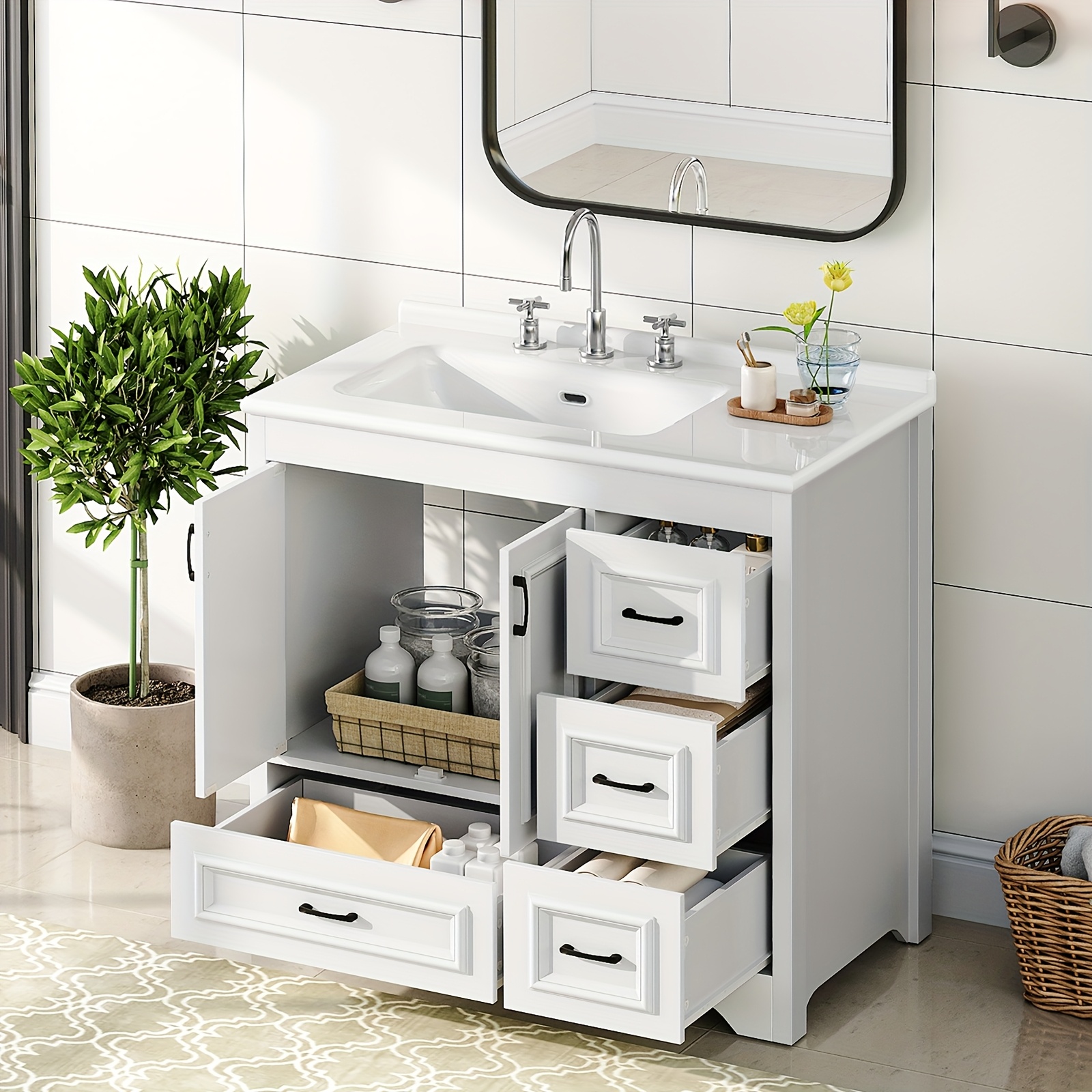 white bathroom vanity with sink   cabinet with ceramic countertop drawers and cabinet arc   design and metal glides drain kit not included for bathroom Product details 0