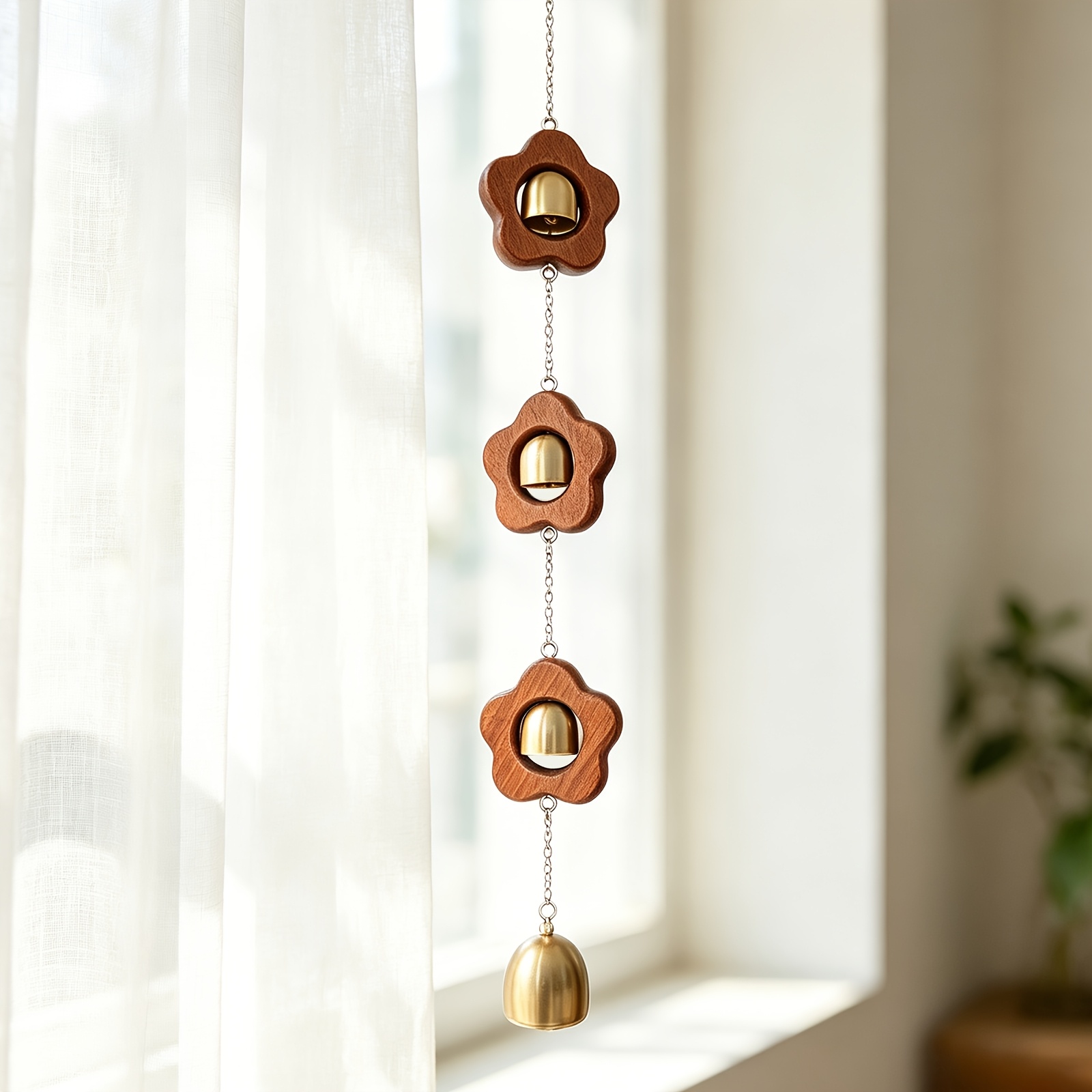 TEMU Flower-shaped Solid Wood Wind Chime, 4pcs , Retro Wooden Hanging Bell Ornament, Suitable For Front Door, Windows, , Walls, Indoor And Outdoor