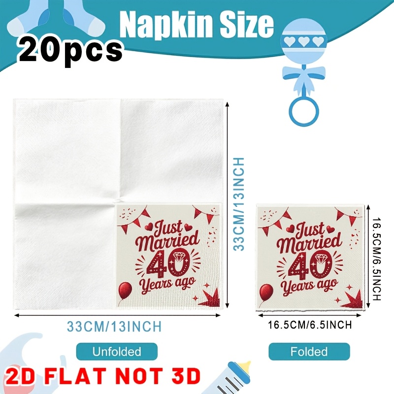 TEMU 2d Flat 20pcs, Elegant Red 40th Wedding Anniversary Party Decorations Patterned Tissue Paper Guest Hand Towels Decorative Paper, Spring Summer