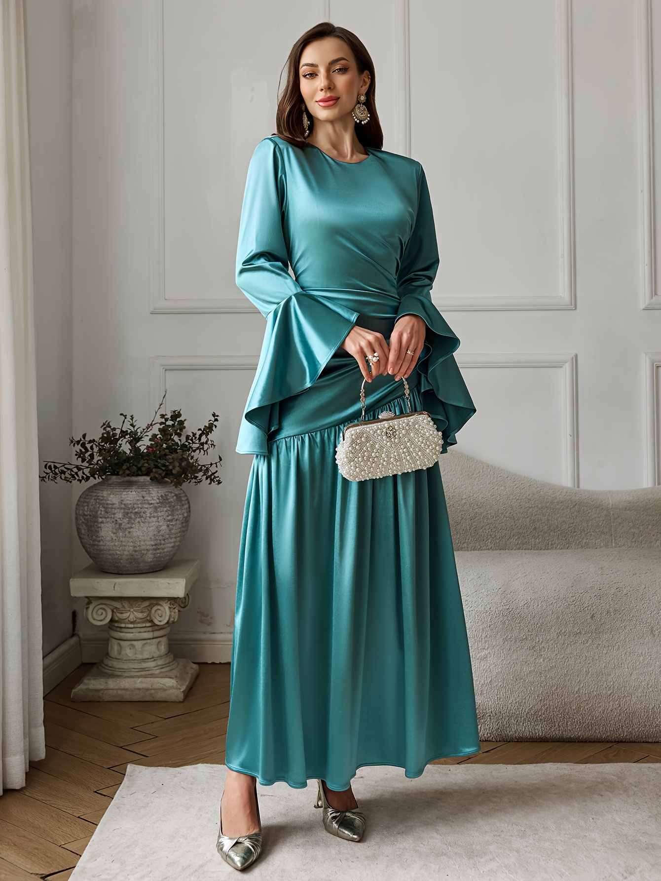 green vintage bell sleeve satin dress crew neck extra long - Temu Bahrain