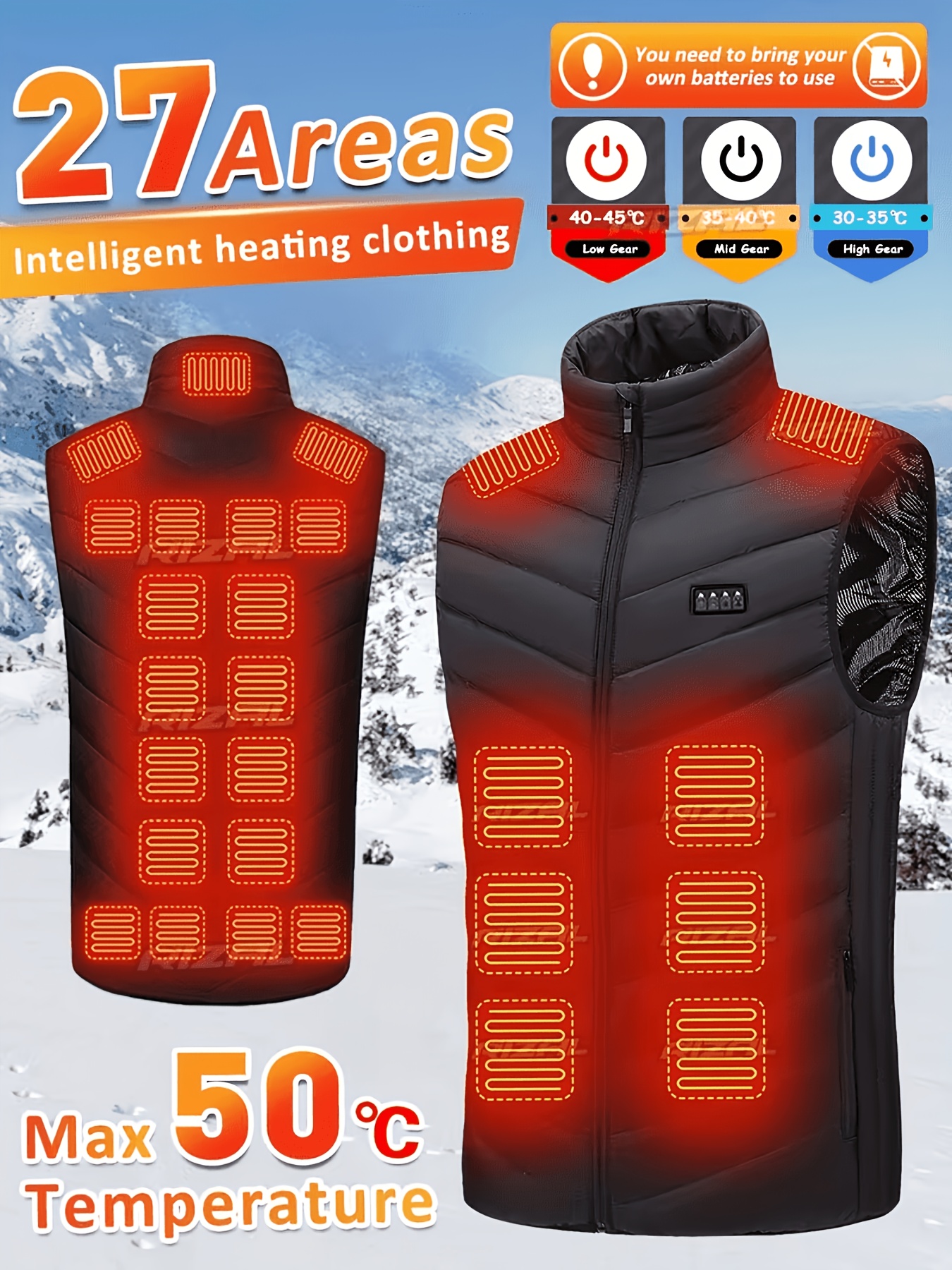 photo de l'article veste chauffante électrique,     zones, réglage de température    , alimentation usb, chaude toute lhiver,   pour lextérieur,  ,  , manteau chaud décontracté [batterie non  ]