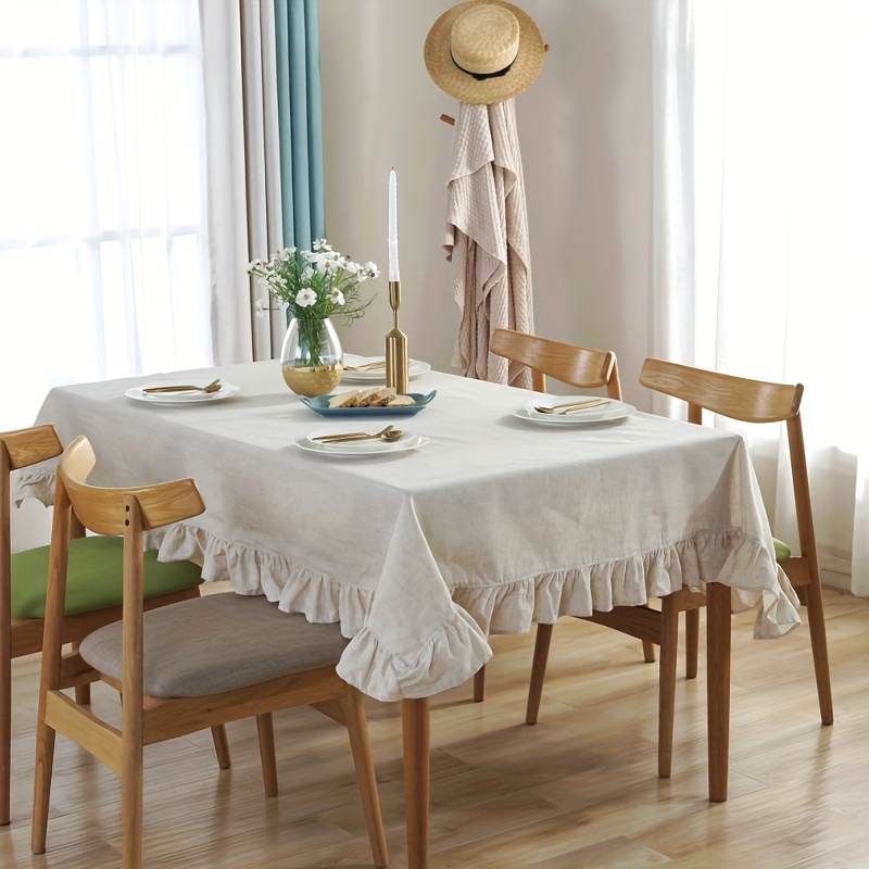 elegant linen polyester blend tablecloth with ruffle detail machine rectangular natural burlap   for outdoor weddings and parties reusable table cover ruffle detail design durable tableclot