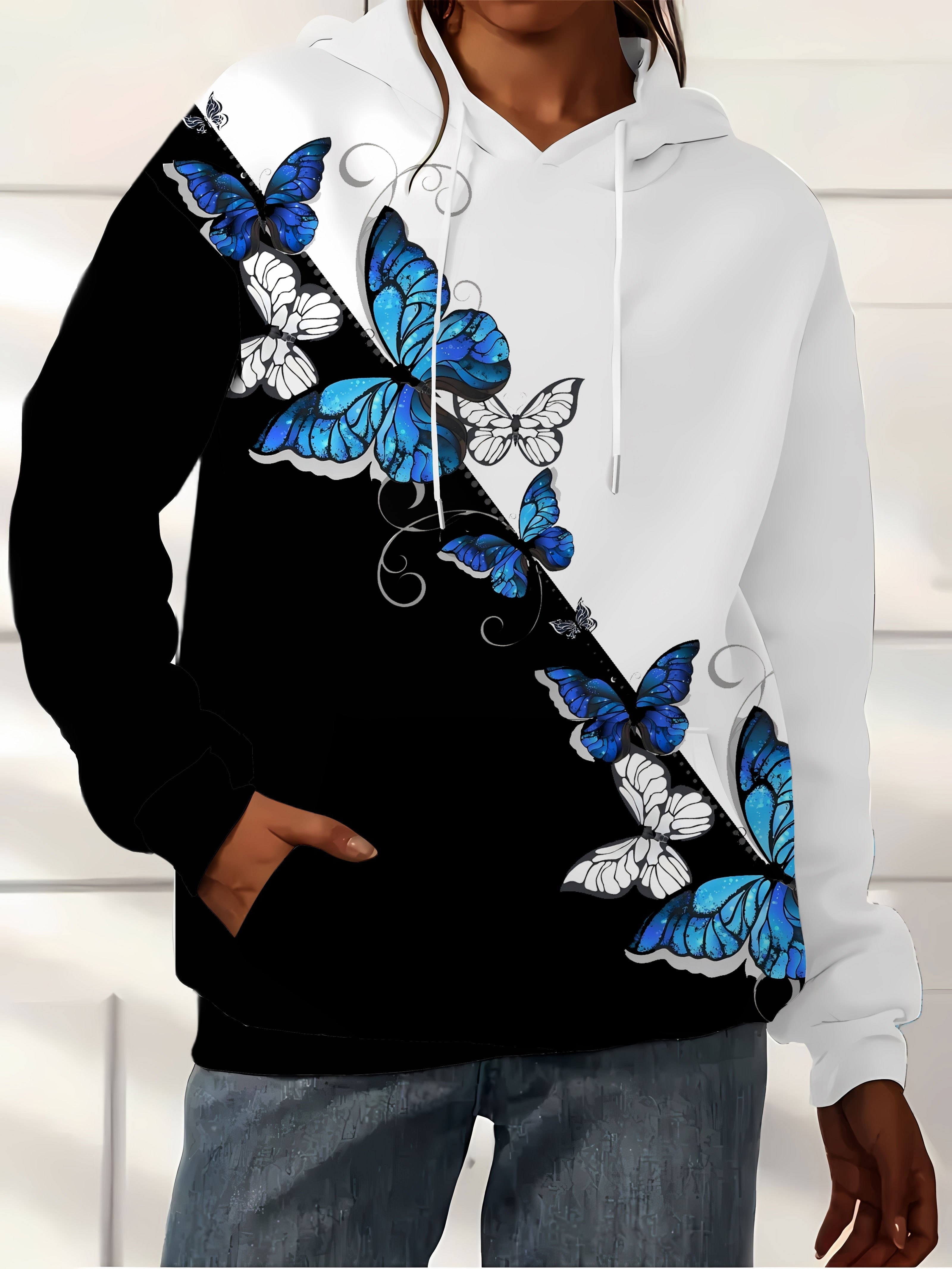 damen elegantes schmetterlingsdruck kapuzenpullover schwarz Temu