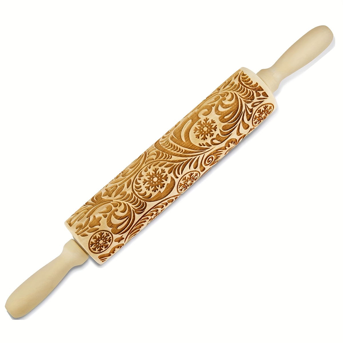 TEMU 1pc Wooden Rolling Pin With Christmas Snowflake Pattern - Engraved Embossed Cookie Cutters, Ideal For Baking And Kitchen Decor, Perfect Gift For