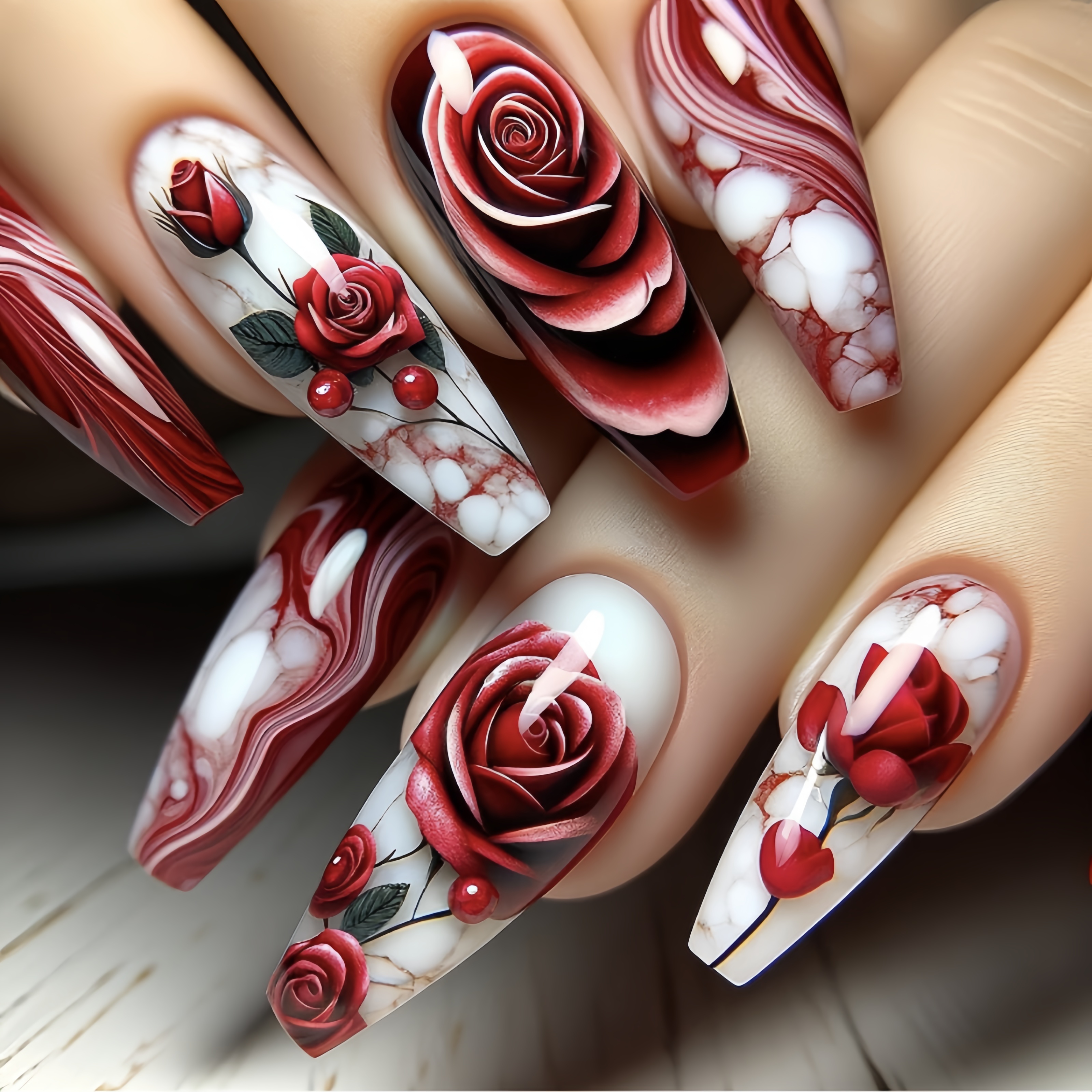 

24-piece Red Line Floral Ballet Nail Tips Set, Long Length Flower Pattern Press-on Nails, Glossy Finish Fake Nails Kit