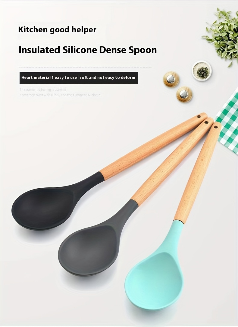 silicone spoon with wooden handle versatile kitchen utensil for soup salad stirring   easy to clean details 0