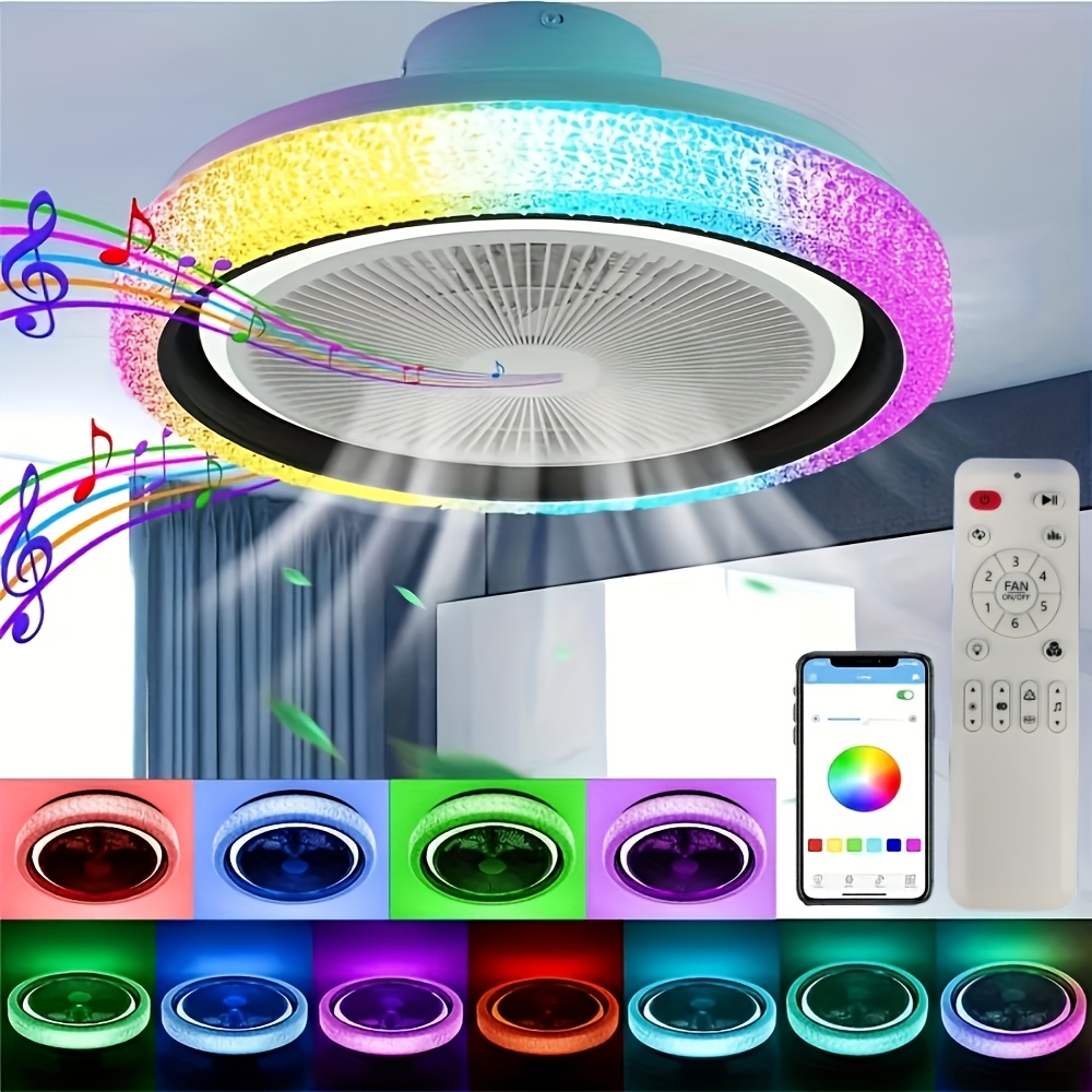 E-shop Intelligente LED-Deckenventilatorlampe, RGB-Musikventilator-Deckenleuchte, Mattierter Acryl-Kronleuchter, Leiser Ventilator, mit kabellosem