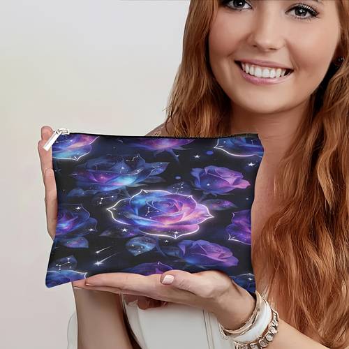 . tragbare kosmetiktasche mit reißverschluss, bedruckt mit lila galaxie-rosenmuster, make-up-organizer, reise-aufbewahrungsbeutel