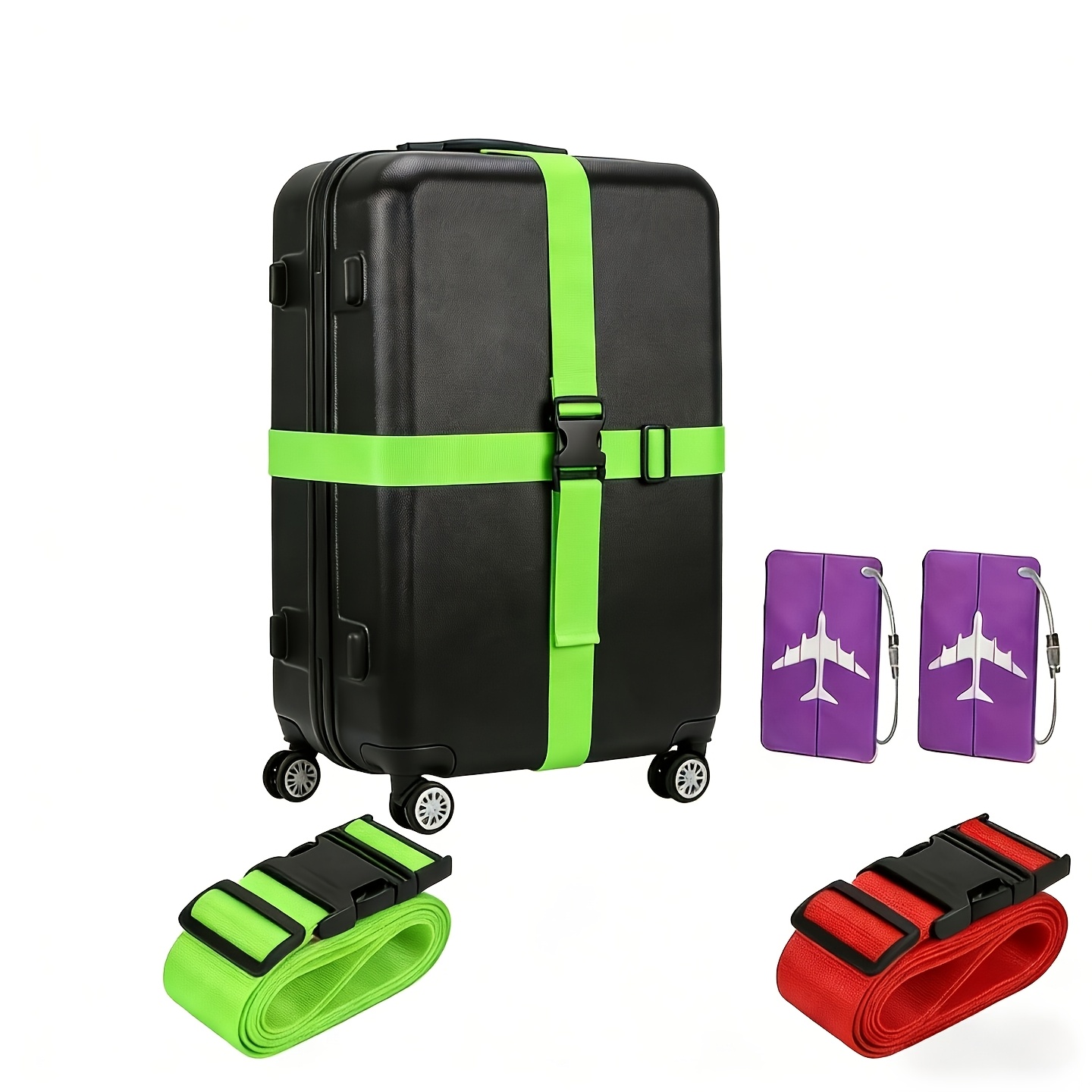 TEMU 4pcs/set 2pcs Luggage Straps 2pcs Tags), Luggage Straps, Travel Straps, Travel Set Metal Luggage Tags, Travel Essentials, , Black/blue/green,