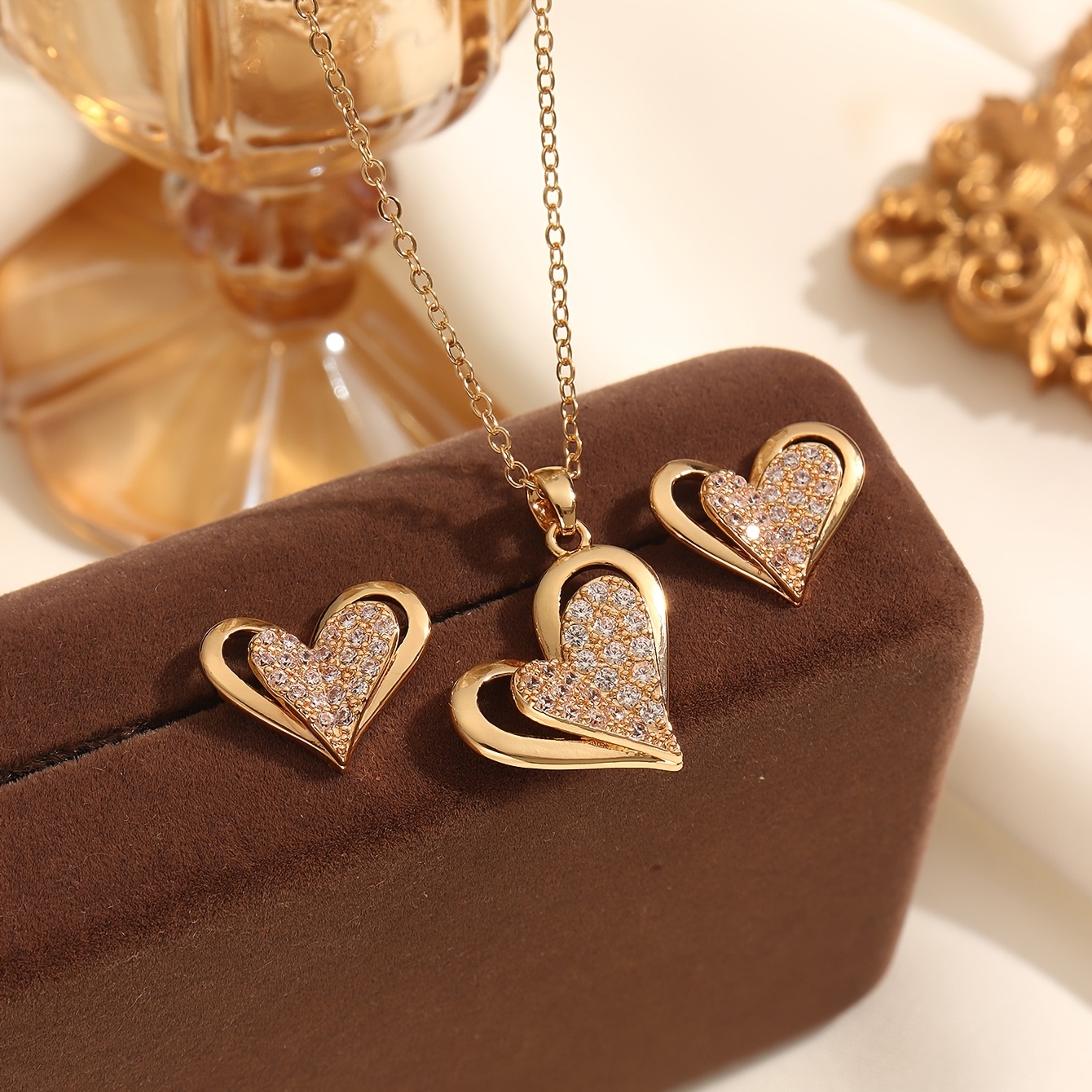 Copper Alloy Inlaid Zirconia Double-Layer Love Heart Jewellery Set
