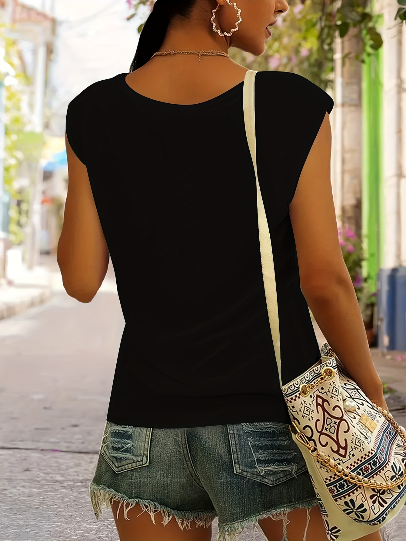 Cat Print Cap Sleeve T-shirt, Casual V Neck Top For Summer & Spring, Women's Clothing