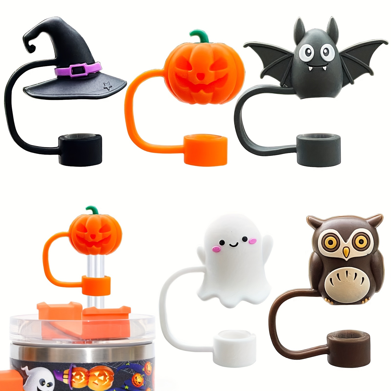 

5pcs Halloween Silicone Straw Toppers For Stanley Cups - Dustproof, Reusable 10mm Straw Covers For 30 & 40oz Tumblers With Handles - Perfect Gift Idea