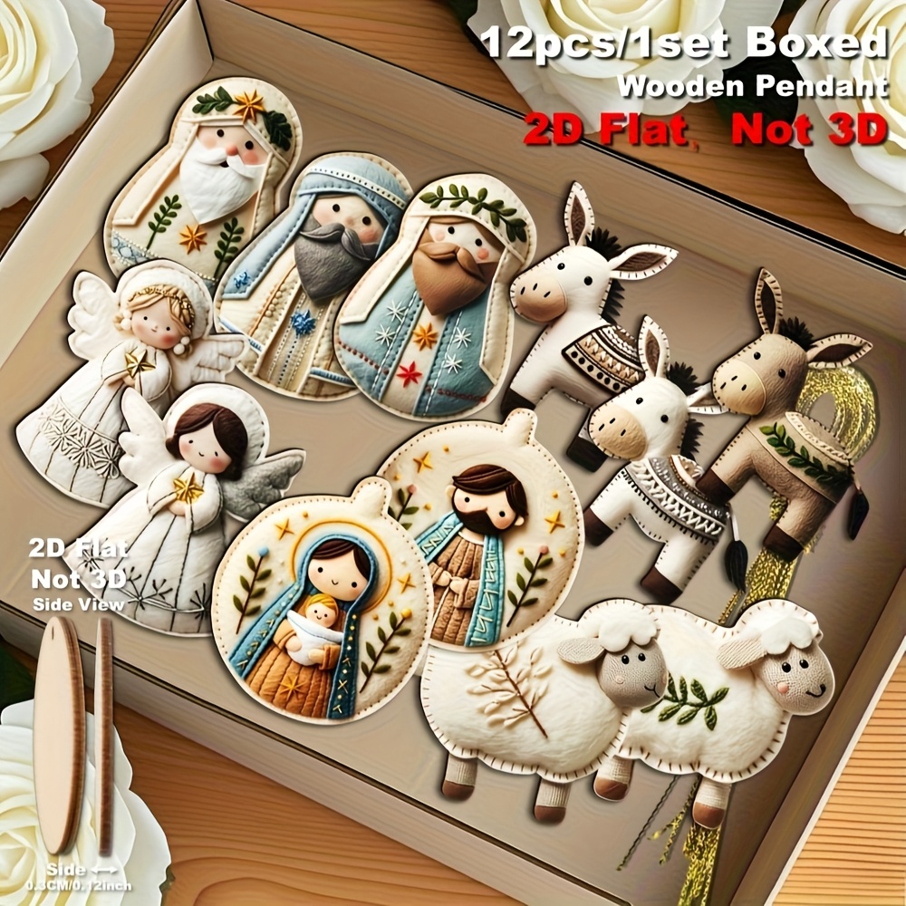 TEMU 2d Flat - Set Of 12 Felt Nativity Ornaments For Thanksgiving, Halloween, And Christmas Celebrations, Ideal For Outdoor Decor, Wooden Tree
