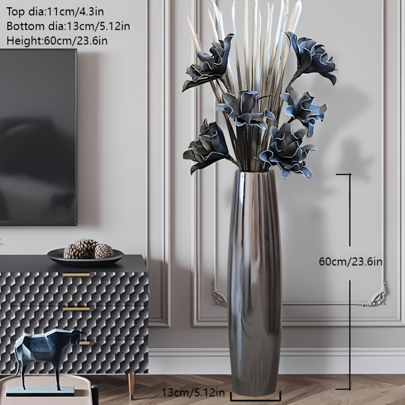 Image of European Light Luxury 60cm Tall Ceramic Floor Vase Electroplated Silvery Decoration Ornament Living Room Modern Premium Cabinet Dried Flowers Artificial Flowers Art Housewarming Gift
