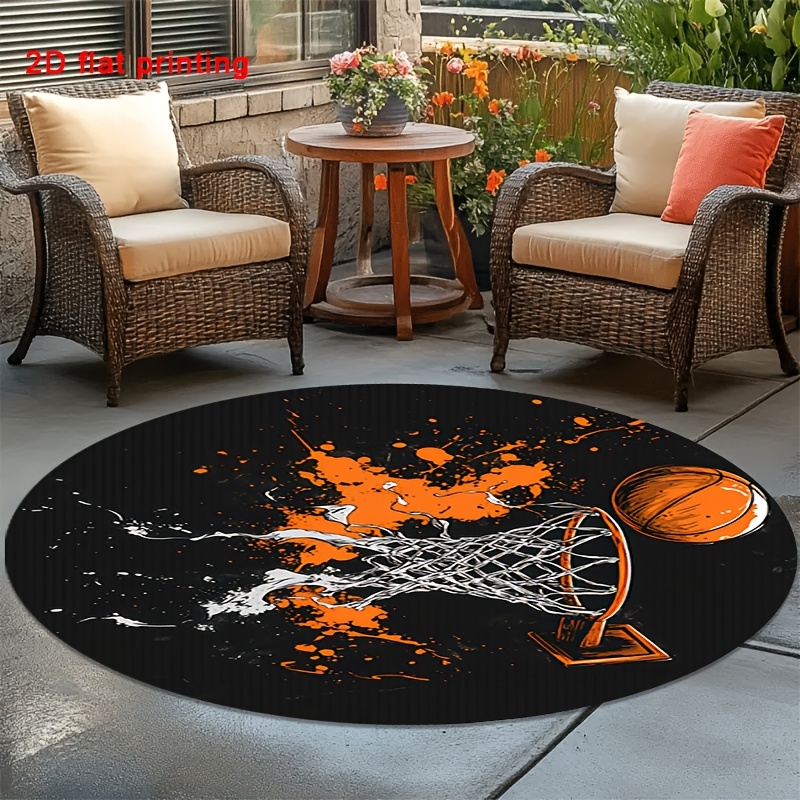 TEMU Round Non-slip Basketball Suitable For Rooms & Decor - Orange Basketball Ink-splatter With Flannel, Machine Washable Floor Mat Suitable For