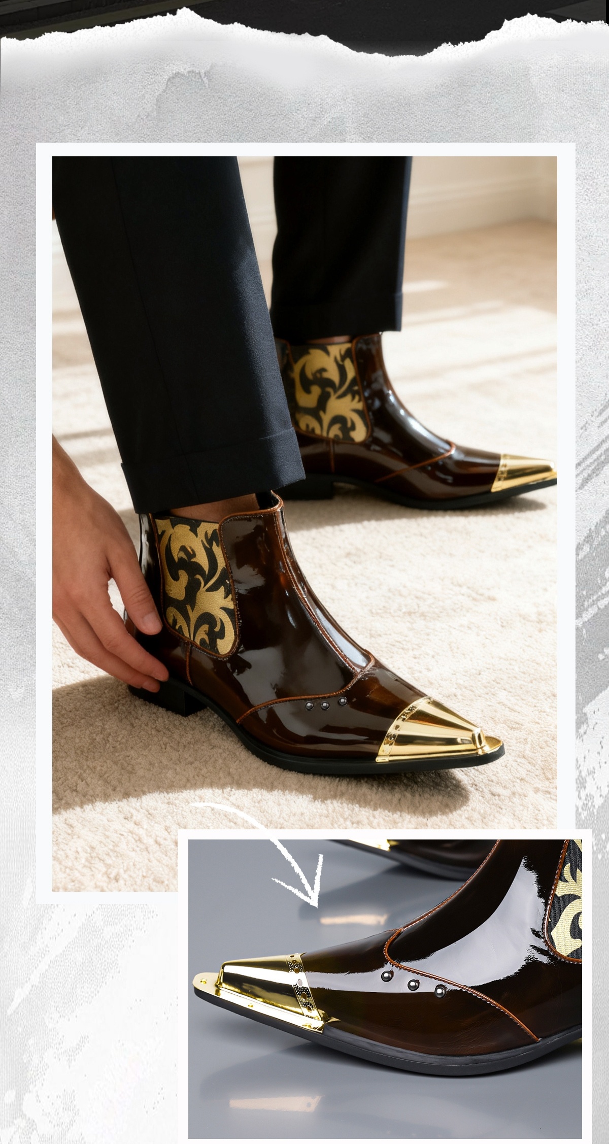 QRLQRL Men's Glossy Black/Golden Cloud Pattern PU Short Boots - Elastic Closure Slip-On/Lace-Like Buckle, Golden-Tipped Toe & Heel, All-Season Dress Boots for Casual & Formal Wear (Shoe Maintenance-Free)