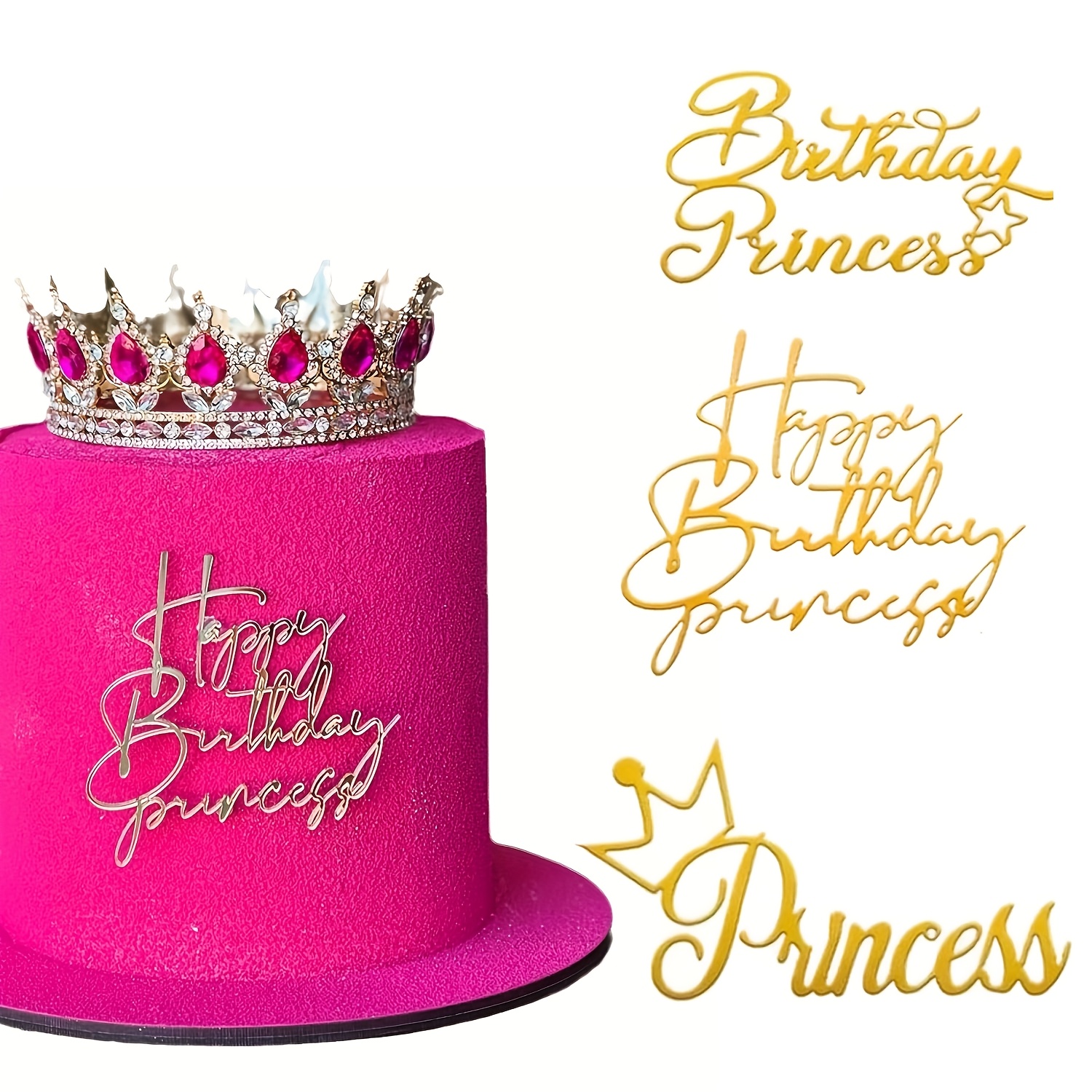 Image of 3pcs Birthday For Princess Cake Side Decoration, Acrylic Golden Birthday Cake Topper For Princess Party Decoration Supplies