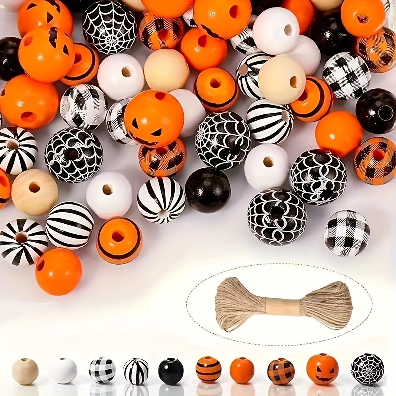 

50pcs Halloween Wooden Beads Kit - Assorted , Spider Web & For Making, Necklaces, Bracelets, Home & Party Decorations With Included