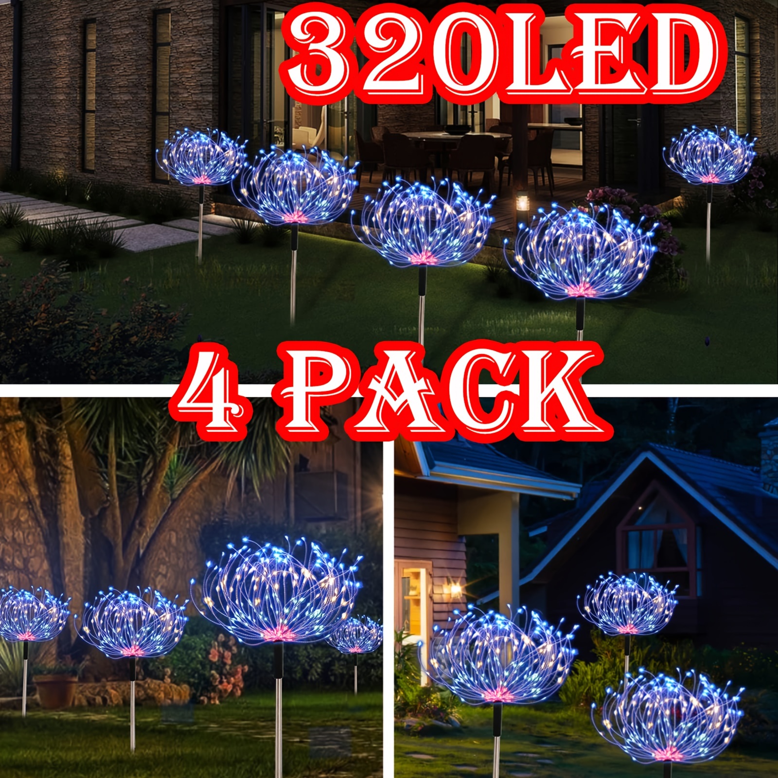 

4pcs 90/240/320led Outdoor, Solar Firework Lights Upgraded Ip65 Waterproof Solar Powered Sparkler Lights For Outside With 8 Lighting Modes For Garden Yard Outdoor Decor (warm White, Multicolored)