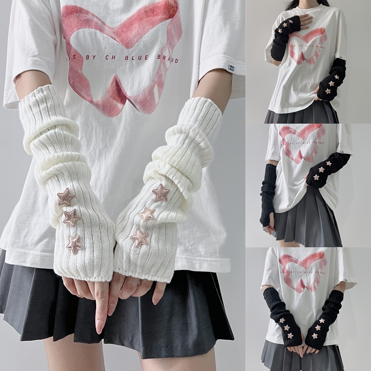 

The Of Sparkly Star Arm Sleeves Is Cute And , Featuring Fingerless Gloves And Y2k Star-patterned Knitted Leg Warmers.