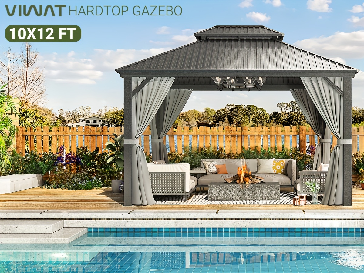 Polar Aurora 10x12ft Hardtop Gazebo with Sturdy Aluminum Frame & Galvanized Steel Double Roof - High Quality, UV-Blocking, Windproof Outdoor Shelter, Fully Enclosed Double Sidewalls, J-Hooks, Easy Assembly for Patio, Garden, Lawn - Grey, Backyard Retreat, Stylish Patio Cover, Galvanized Steel Roof