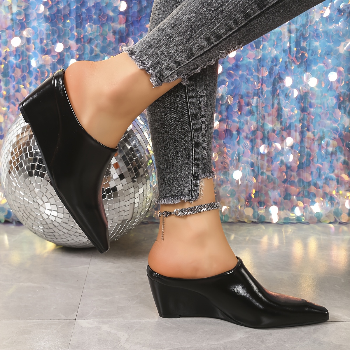 dfm womens slip chunky platform wedge heel mules pointed toe