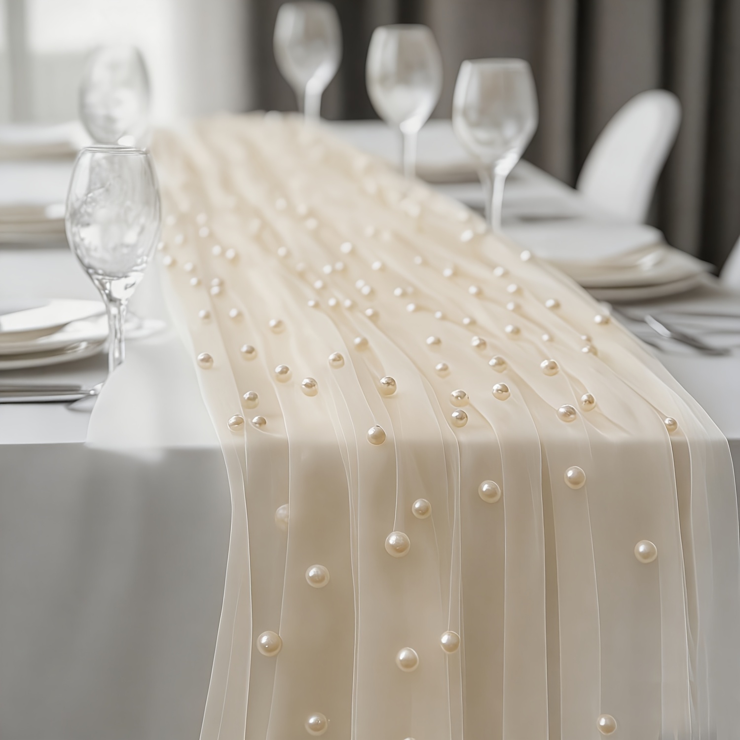 TEMU 1pc Bohemian Pearl Sheer Table Runner, Lace Table Runner, Wedding Party Decoration Tablecloth, Dining Table Decor Supplies, 27.5*120inch,