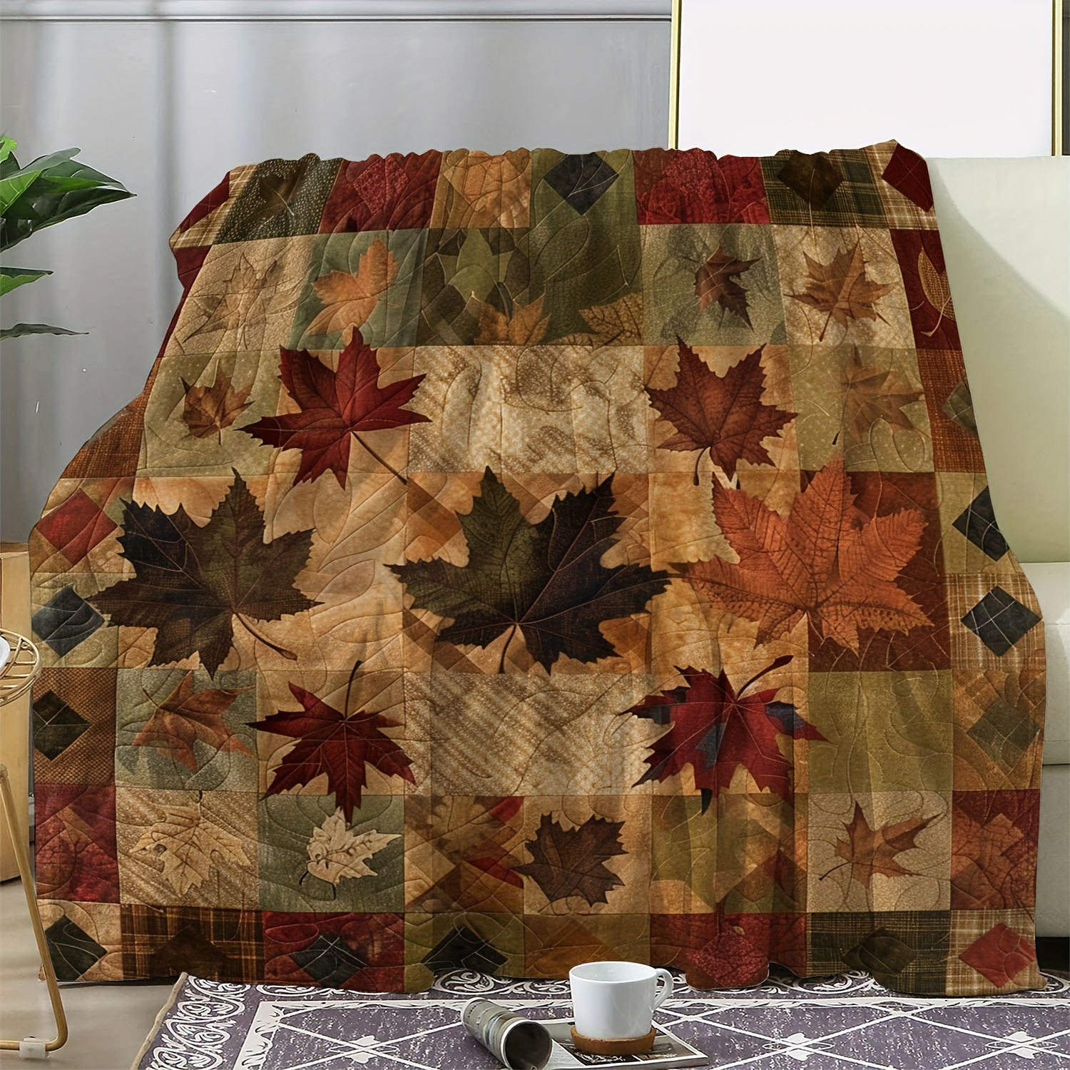 

Vintage Autumn Leaves Embroidery Pattern Flannel Throw Blanket – Cozy Soft Multipurpose Knitted Digital Print Polyester Bed Sofa Couch Office Travel Camping Blanket – All Seasons Gift Decor, 250-300g