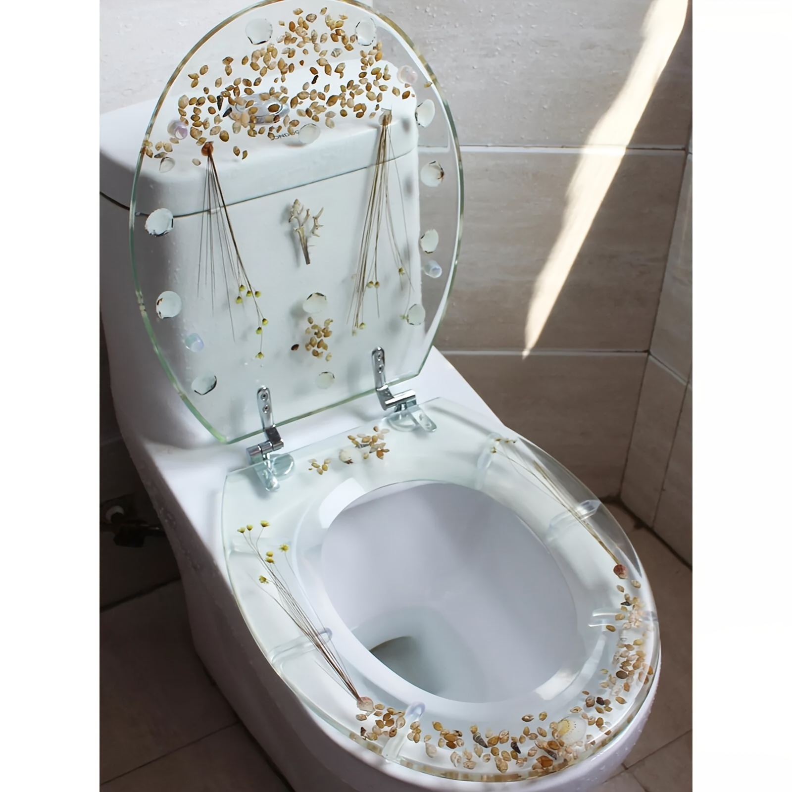 

Transparent Toilet Cover Resin Toilet Cover Easy To Bathroom Shell Decoration ( Flower Stainless Steel)