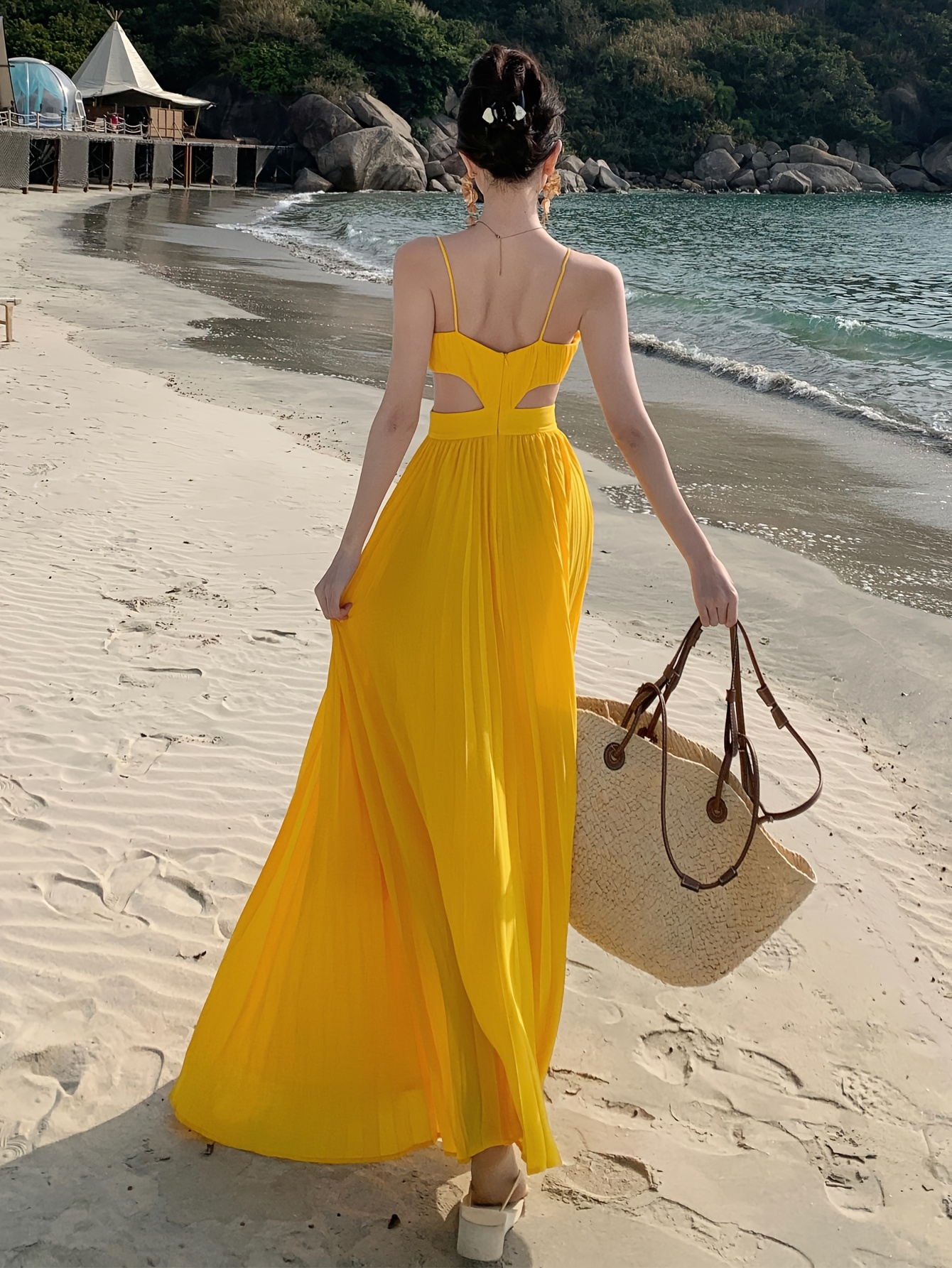 yellow long beach dress Yellow Sweetheart Sheath Pleated Long Prom Dresses With Slit Yellow / 18 main image 1