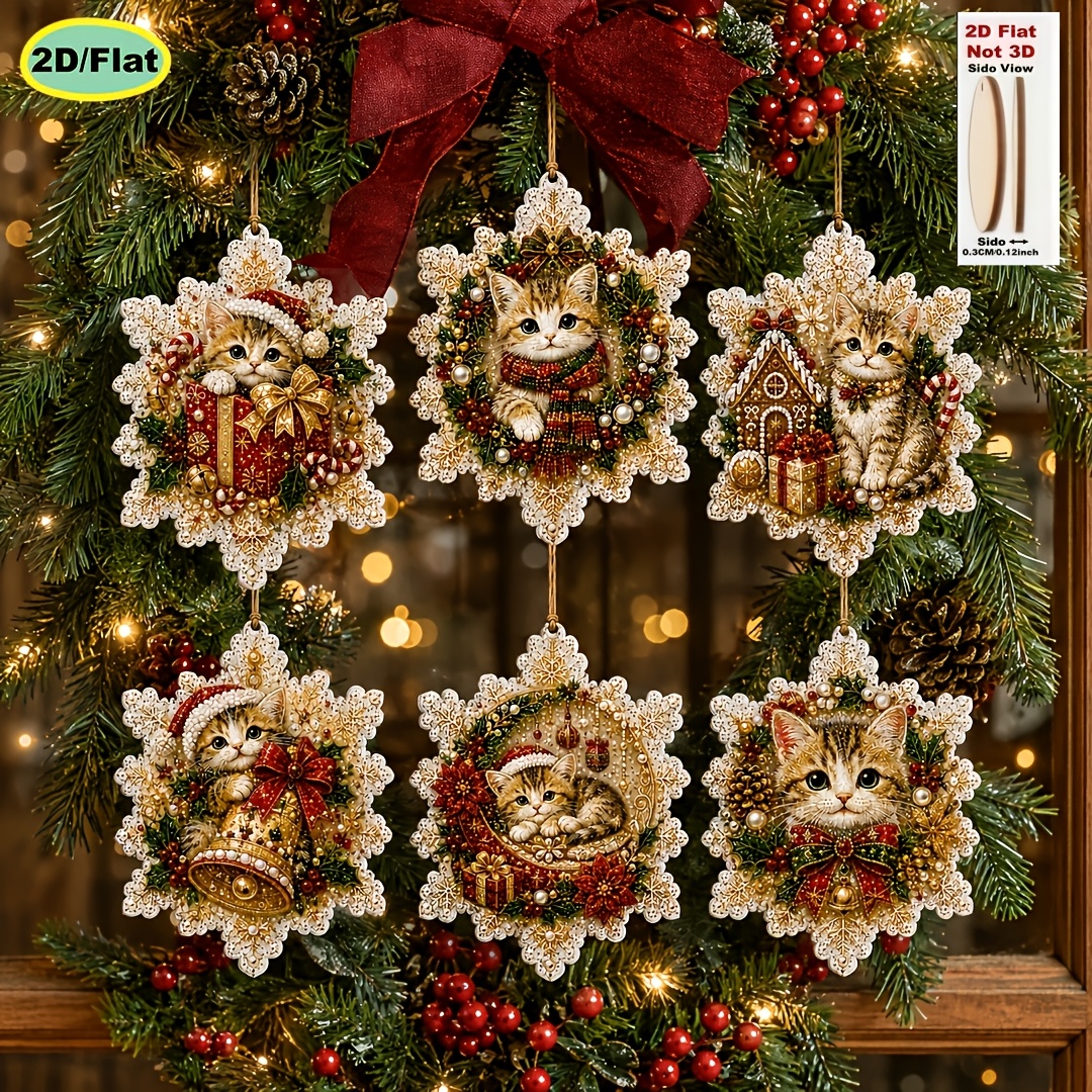 TEMU 6pcs Wooden Tag Pendant Set, Christmas Cat Theme 2d Flat High Definition Print 3.07 Inch Full Material Bag, Beginner Friendly Stress Relief,