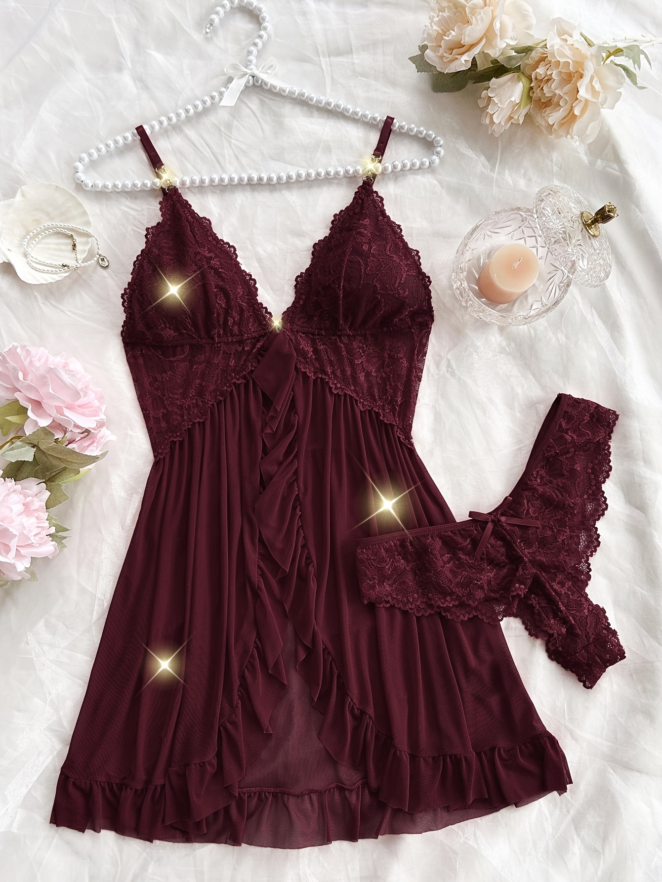 womens solid color lace camisole nightgown   with matching lace shorts v neck design bow decoration delicate lace patterns   hem christmas and valentines day clothing   gift for her