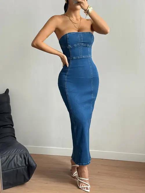 AW25 Women's Stretchy High-Waisted *-Fit Strapless Denim Maxi Dress with Side Slit - Machine Washable Summer Casual Long Dress for Beach * & Evening Events, Beach Dresses, Vacation Attire, Durable ... AW25 Women's Stretchy High-Waisted *-Fit Strapless Denim Maxi Dress with Side Slit - Machine Washable Summer Casual Long Dress for Beach * & Evening Events, Beach Dresses, Vacation Attire, Durable ...