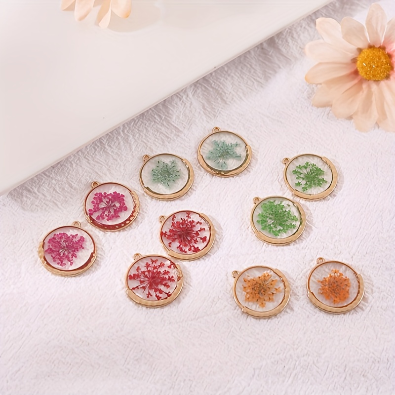 

10pcs Handcrafted Resin Dried Flower Pendants For Making - Assorted Shapes & Colors, Earrings And Necklaces