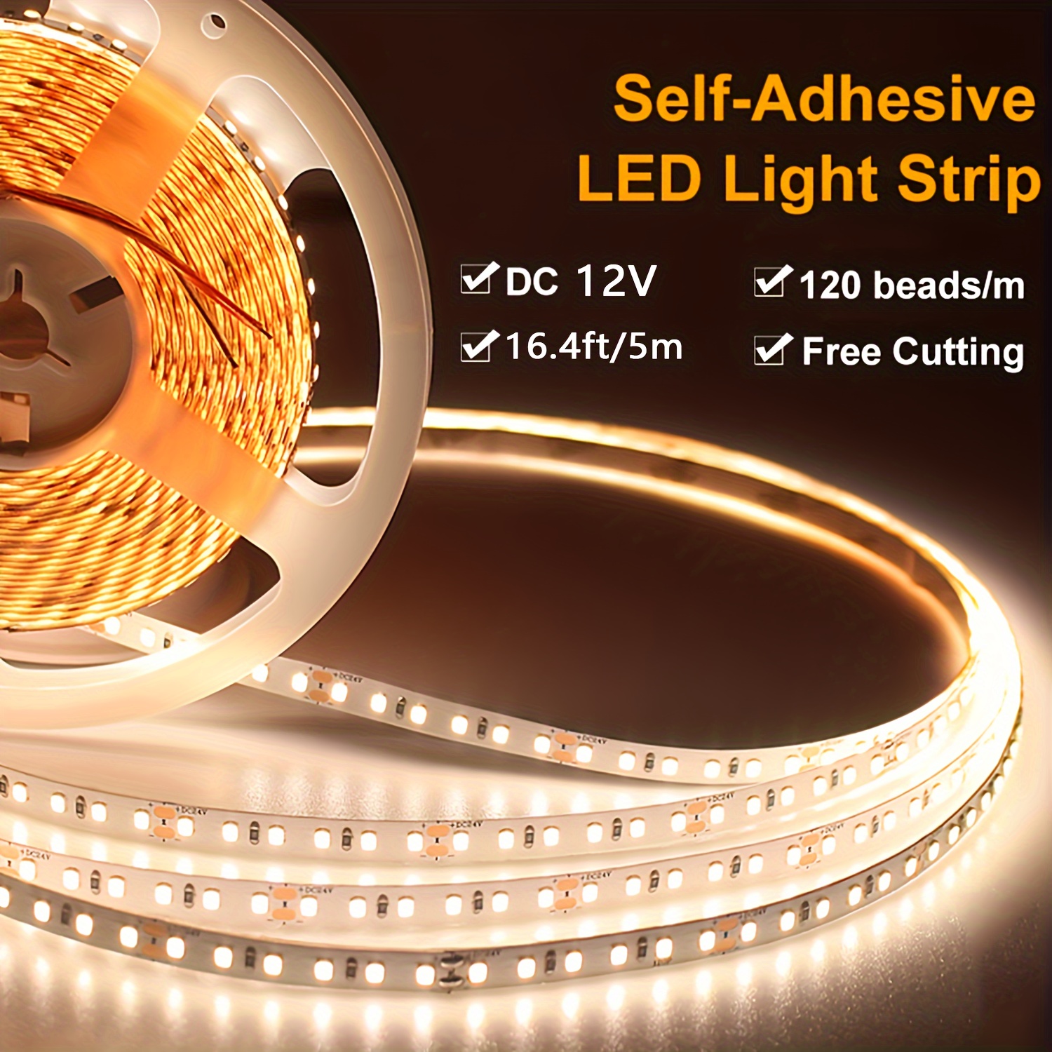 

Led Strip Lights 12v, 16.4ft High Density 2835 With 120 Leds/m, Non-waterproof, Hardwired Flexible Tape Light, Cuttable For Bedroom, Kitchen Cabinet, Wall Mount, No Flicker - Cord Included