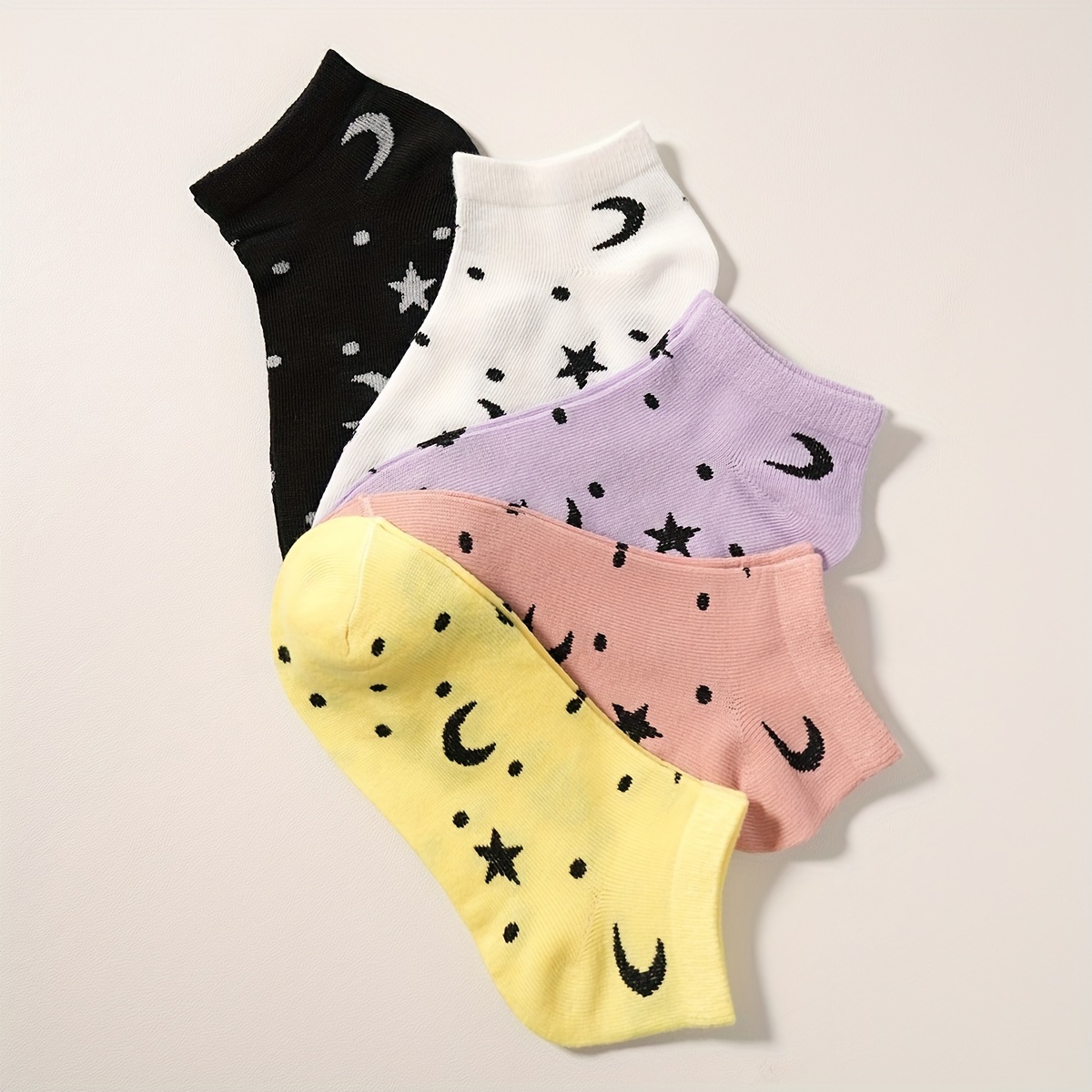 TEMU 5 Pairs/10 Pairs Of And Summer Thin Breathable Fashionable Couple Socks With Stars And , Solid Color Boat Socks, Comfortable For Everyday Wear