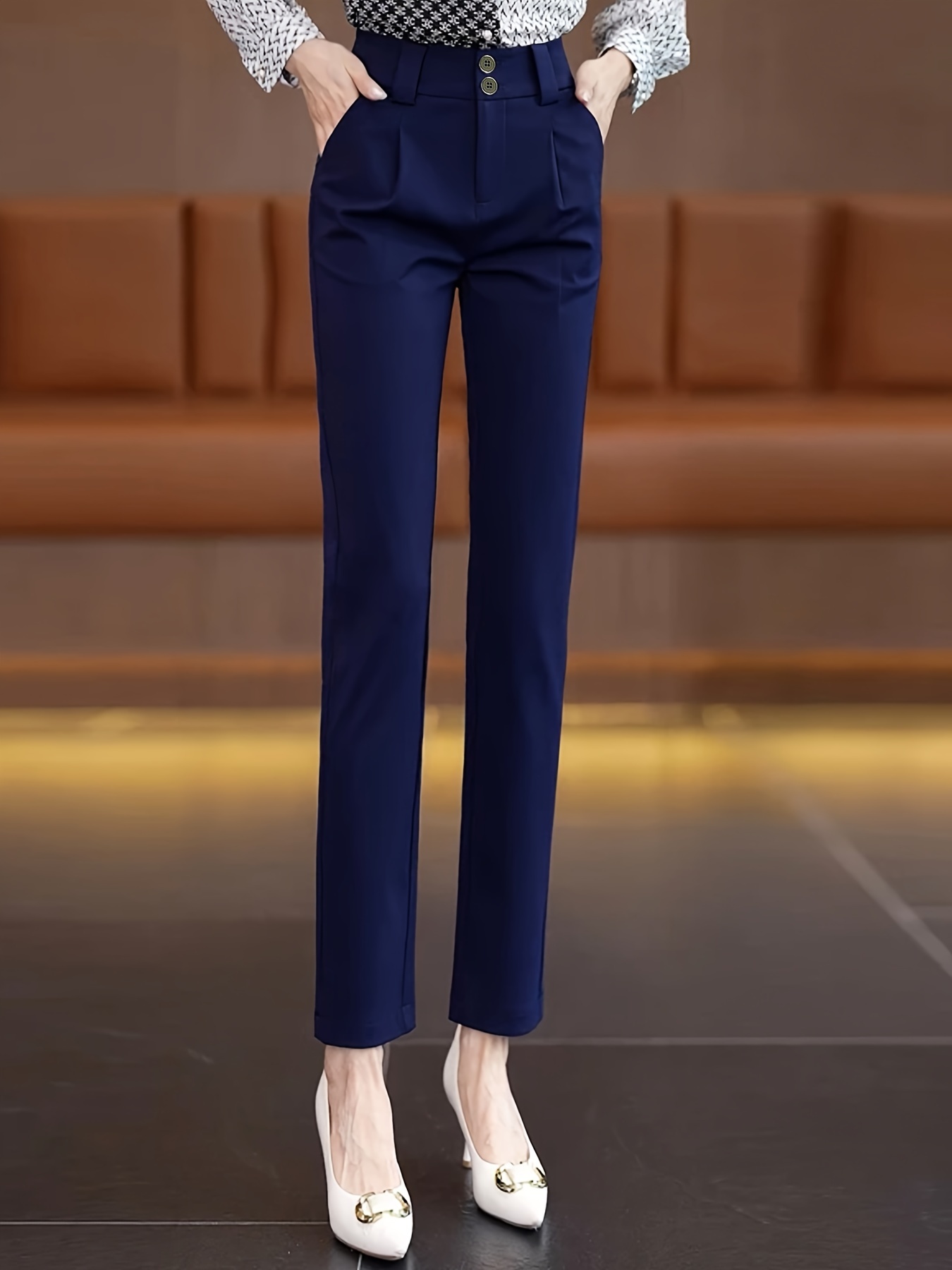 Women's High-Waisted Stretch Pants Elegant Office Formal Trousers,  Stretchy Professional Work Pants for Business, Navy Blue, Machine Washable 