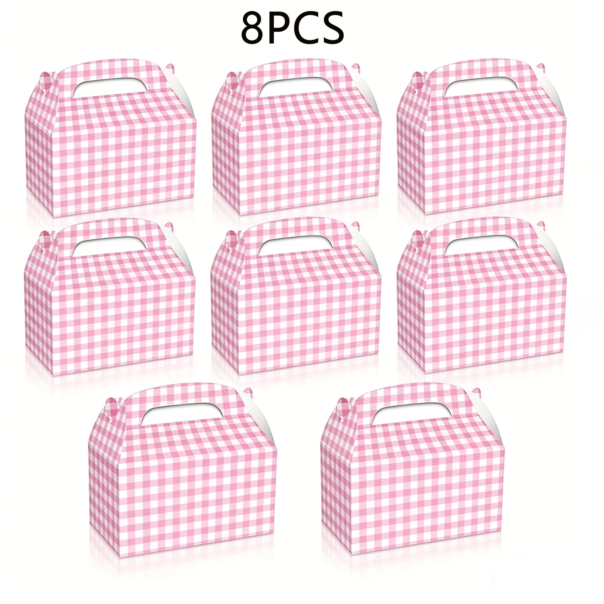 TEMU 8pcs Pink White Plaid Vintage Picnic Tote Bag Packs, Reinforced Handle Paper Storage Bags, Suitable For Girls' Birthdays, Baby Showers, Spring