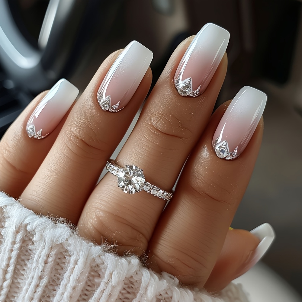 24pcs Glossy Press On Nails Short-t Fake Nails White Powder And Silave Stripe False Nails Glitter Artificial Reusabe False Nails For Women And