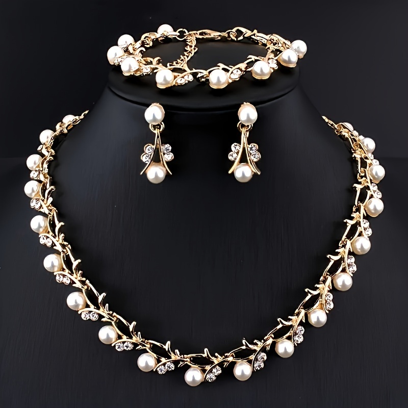 

Elegant 14k Gold Plated Zinc Alloy Jewelry Set With Imitation Pearls - Sophisticated Necklace And Earrings For Women, Age 14+ - Fashion Ensemble