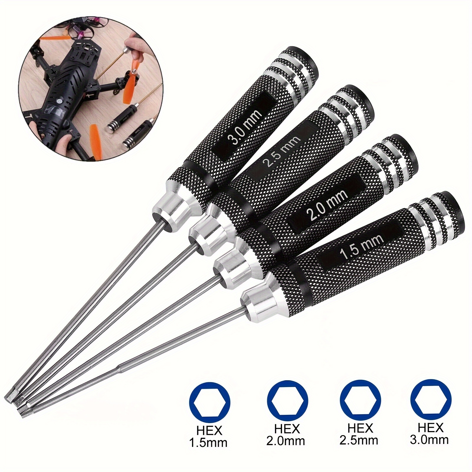 

4pcs Rc Hex Screwdriver Set, 1.5mm/2.0mm/2.5mm/3.0mm , Hex , For Rc Car, ,