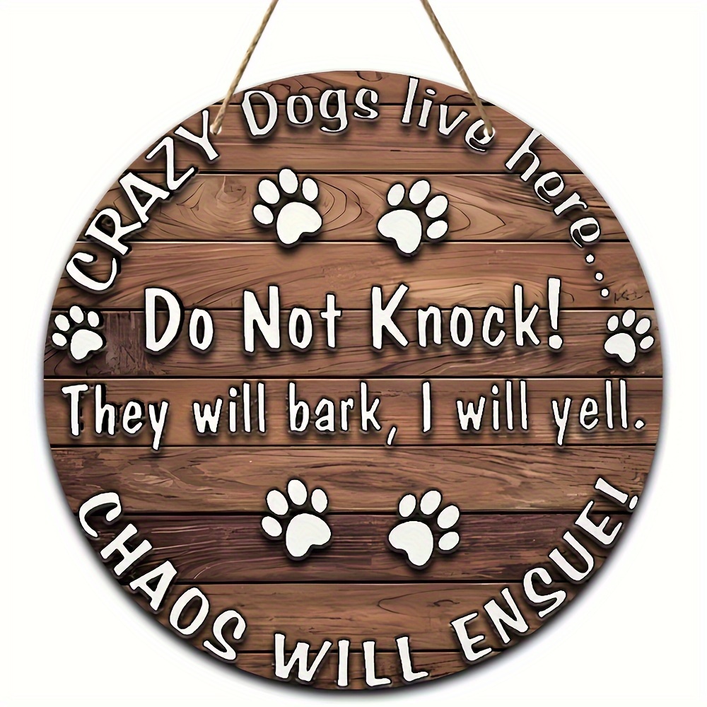 

1pc, Round Wooden Plaque Warning Sign 'crazy Dogs Live Here' Humorous Home Decor For , Suitable For Home Front Door Decoration