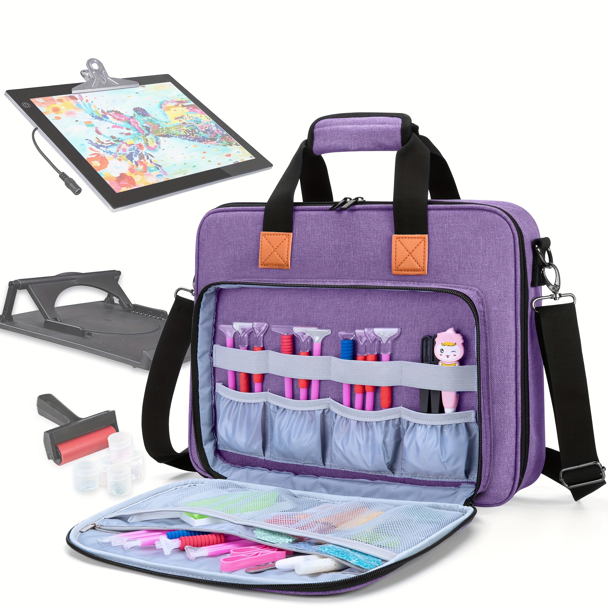 

Diamond Painting Tools And Accessories Organizer Bag With A4 Light Pad Holder, Polyester Fiber Art Craft Storage Case With Pencil Pockets, Light Box Accessory Carrying Case - Purple, Grey, Black