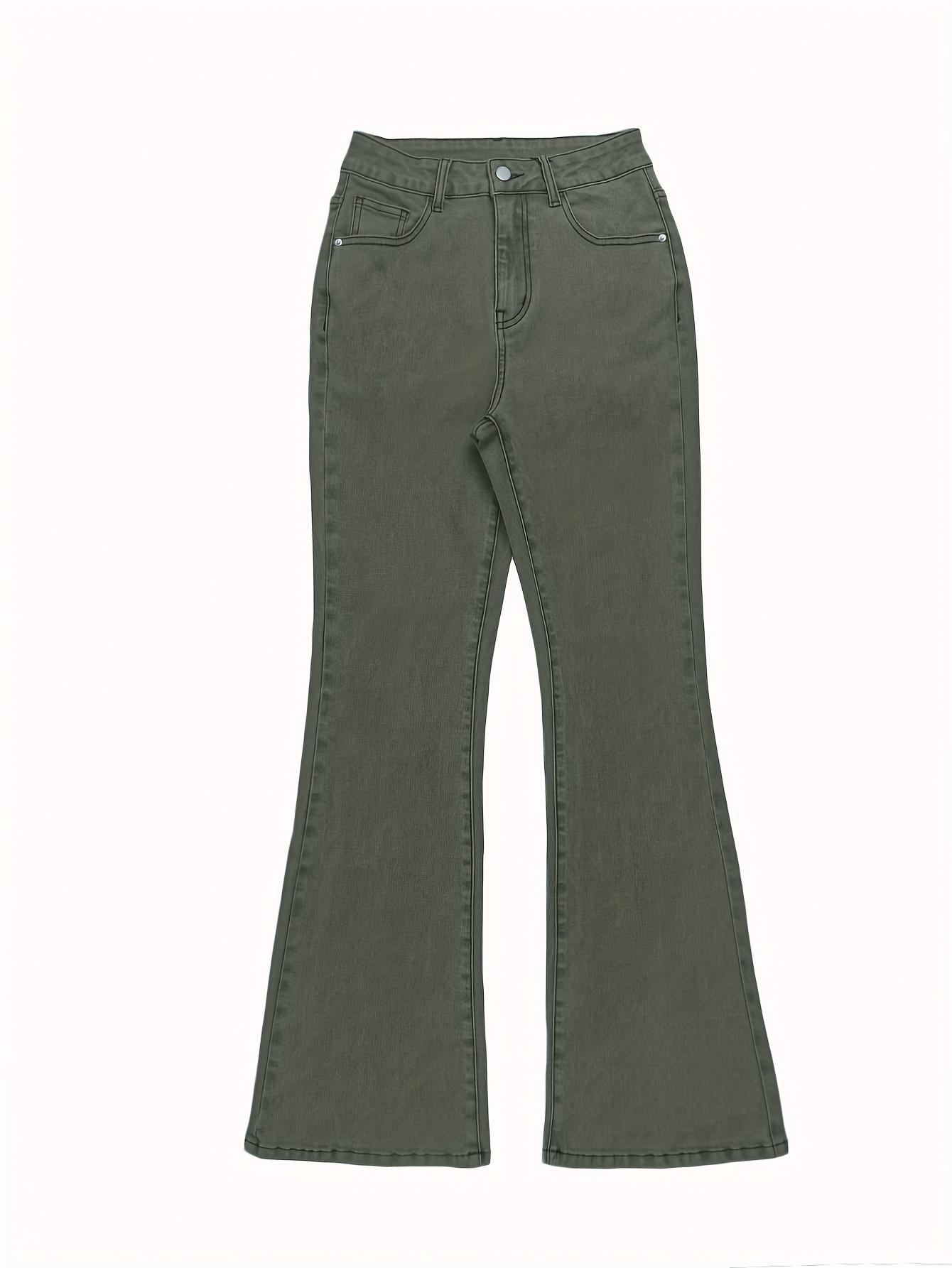 GILIPUR MH1025 Light Blue Retro High-Waist Stretch Straight Leg Women's Pants, Street Style Solid Color Long Pants with Pockets, All-Season Comfortable Stretch Fabric, Machine Washable