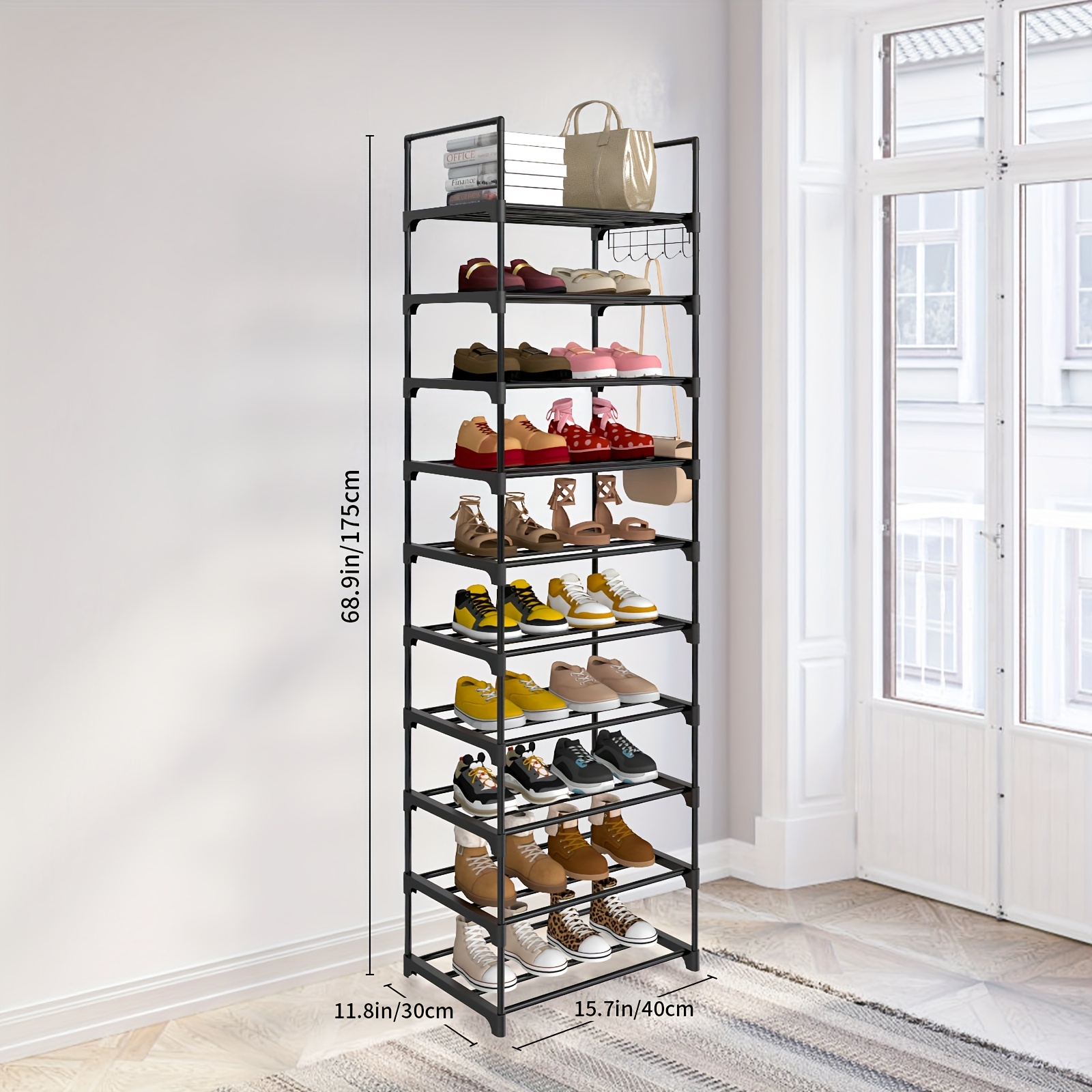 TEMU Shoe Rack 10 Tiers Shoe Storage Organiser, Sturdy Space- Shelf Tall Shoe Racks, Up To 20-25 Pairs Narrow Shoes Rack Stand For Dress Bedroom,