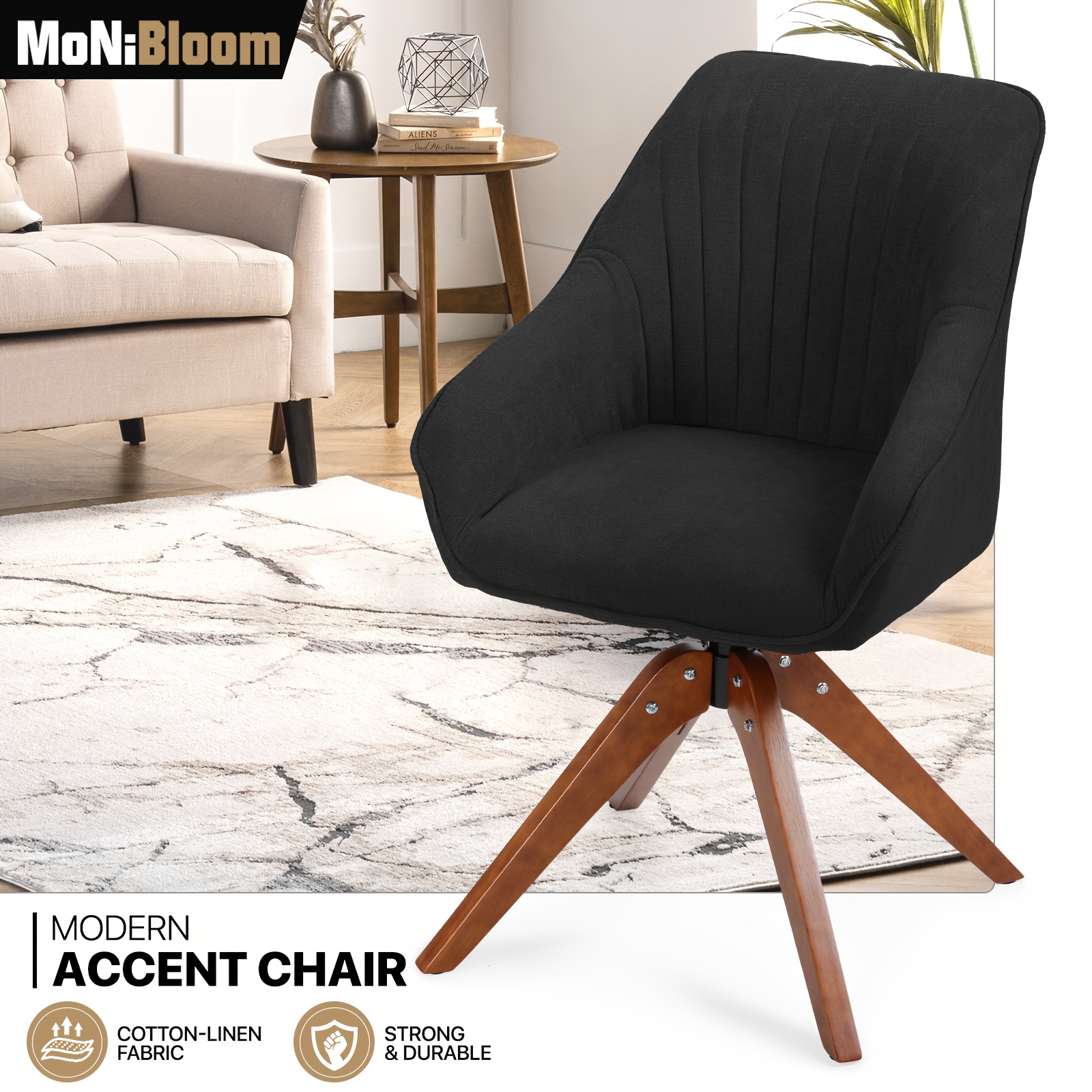 

Monibloom Office Desk Chairs No Wheels, Swivel Fabric Upholstered Accent Chair With Oak Wood Legs, Computer Task Chair For Bedroom