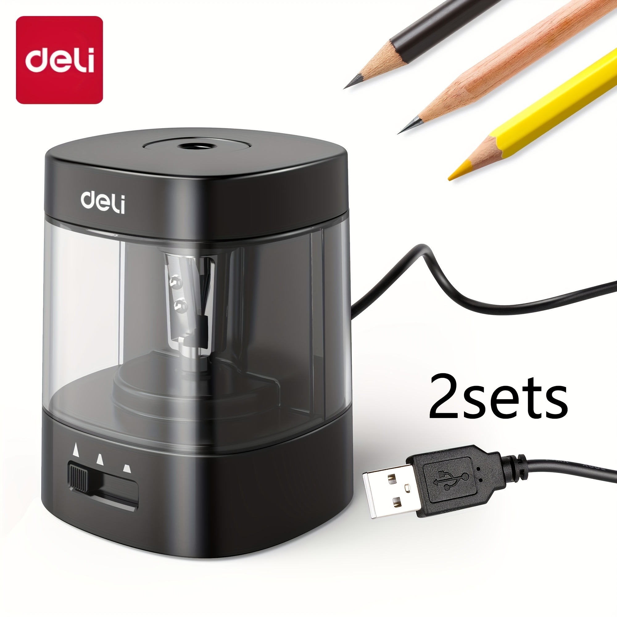 TEMU Deli Electric Pencil Sharpener, 1set Of 2pcs Pencil Sharpeners, Usb & Battery Operated Pencil Sharpener For Home And Office, Black